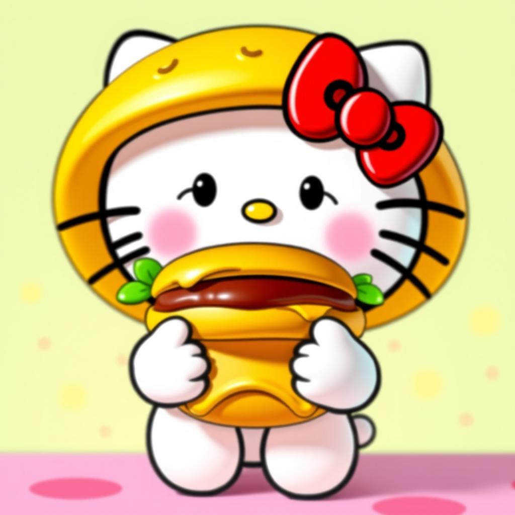 A cute and cheerful Hello Kitty holding a cheeseburger with a big smile