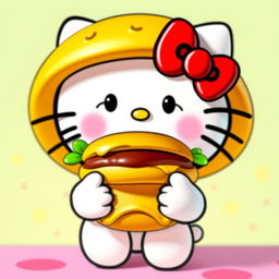 A cute and cheerful Hello Kitty holding a cheeseburger with a big smile