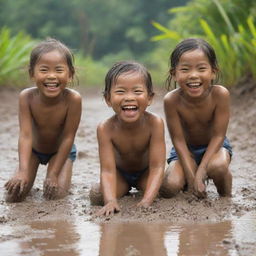 A lively scene of Filipino children merrily playing in the mud under the bright tropical sun, wearing big smiles that show the pure joy and simplicity of their childhood.