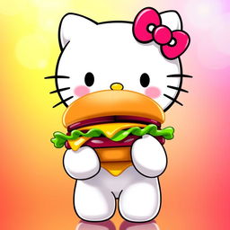 A cute and cheerful Hello Kitty holding a cheeseburger with a big smile