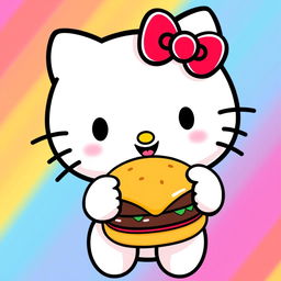 A cute and cheerful Hello Kitty holding a cheeseburger with a big smile