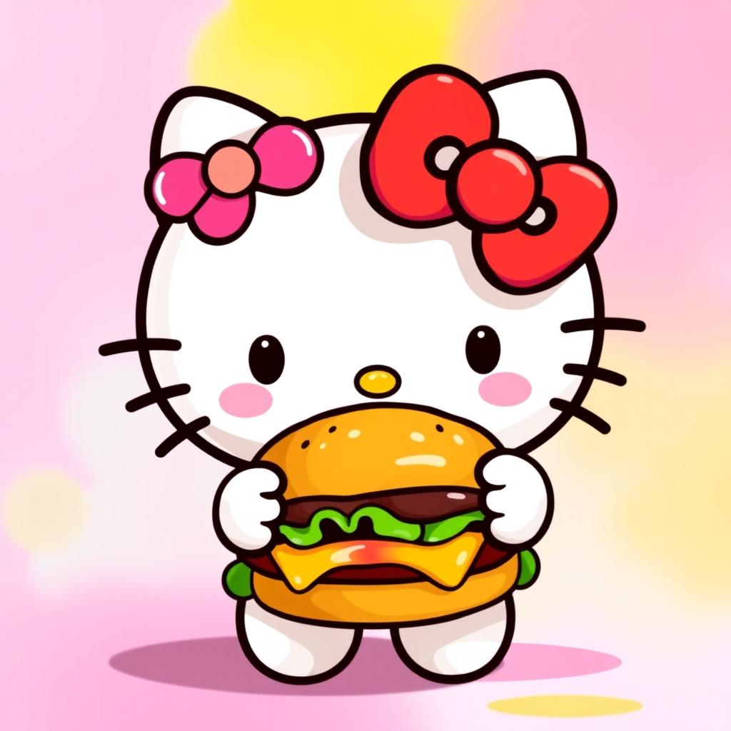 A cute and cheerful Hello Kitty holding a cheeseburger with a big smile