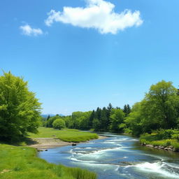 A serene landscape with a clear blue sky, a flowing river, and lush green trees