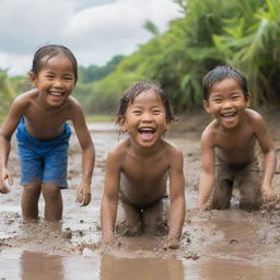 A lively scene of Filipino children merrily playing in the mud under the bright tropical sun, wearing big smiles that show the pure joy and simplicity of their childhood.