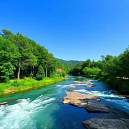 A serene landscape with a clear blue sky, a flowing river, and lush green trees