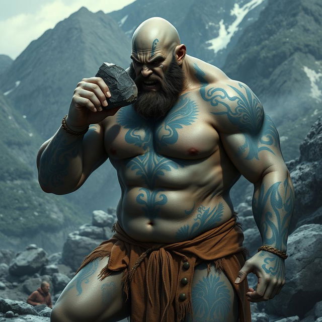 A bald, muscular Goliath with gray skin covered with blue tattoos from head to toe and face tattoos