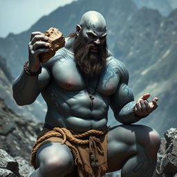 A bald, muscular Goliath with gray skin covered with blue tattoos from head to toe and face tattoos