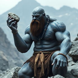 A bald, muscular Goliath with gray skin covered with blue tattoos from head to toe and face tattoos