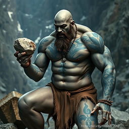 A bald, muscular Goliath with gray skin covered with blue tattoos from head to toe and face tattoos