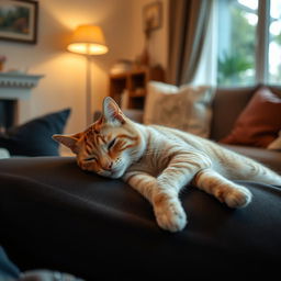 A serene image of a cat peacefully lying on a person's lap