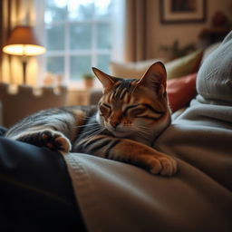 A serene image of a cat peacefully lying on a person's lap