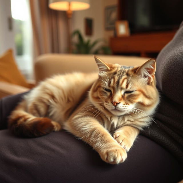 A serene image of a cat peacefully lying on a person's lap