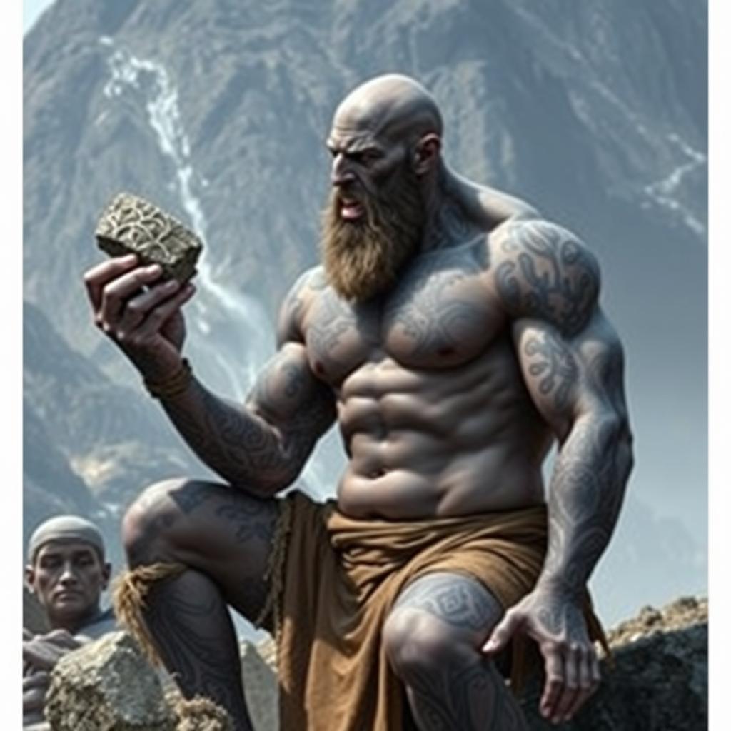 A bald, muscular Goliath with gray skin covered with blue tattoos from head to toe and face tattoos