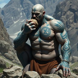 A bald, muscular Goliath with gray skin covered with blue tattoos from head to toe and face tattoos