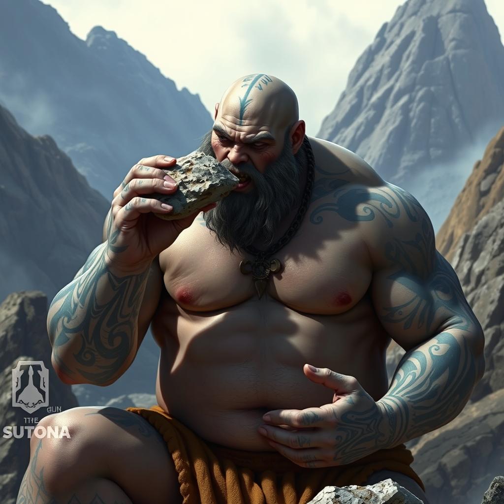 A bald, muscular Goliath with gray skin covered with blue tattoos from head to toe and face tattoos