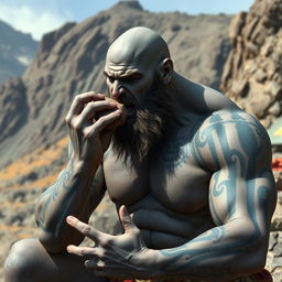 A bald, muscular Goliath with gray skin covered with blue tattoos from head to toe and face tattoos