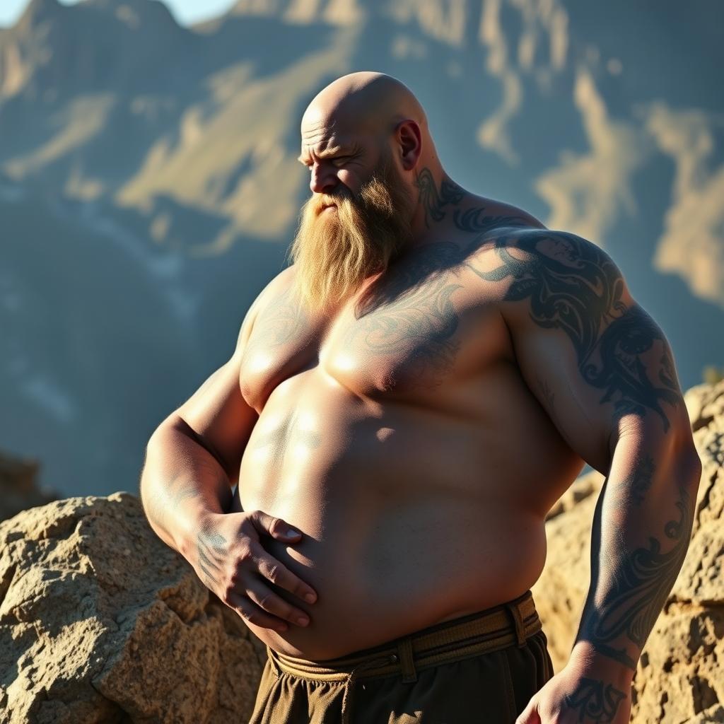 A bald, muscular Goliath with gray skin covered with blue tattoos from head to toe and face tattoos