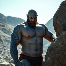 A bald, muscular Goliath with gray skin covered with blue tattoos from head to toe and face tattoos