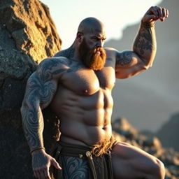 A bald, muscular Goliath with gray skin covered with blue tattoos from head to toe and face tattoos