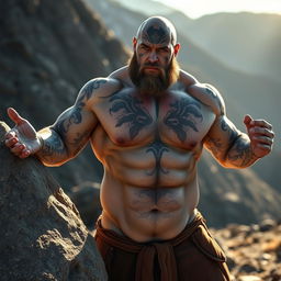 A bald, muscular Goliath with gray skin covered with blue tattoos from head to toe and face tattoos