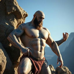 A bald, muscular Goliath with no beard, gray skin covered with blue tattoos from head to toe, and face tattoos