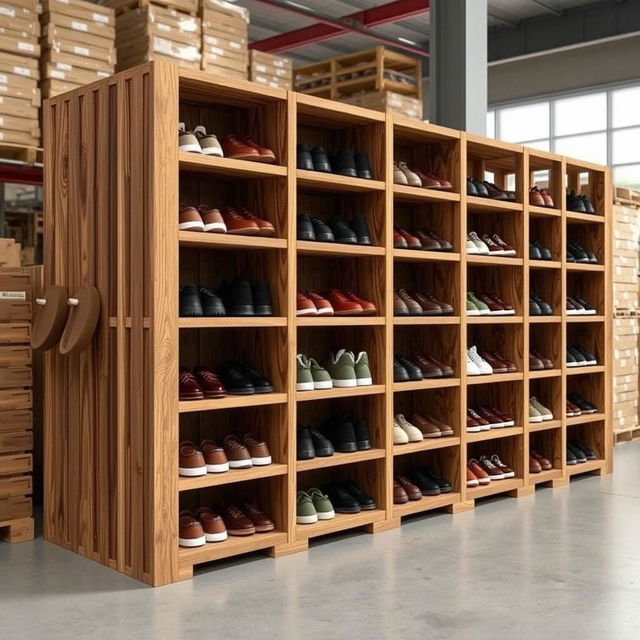 Design a rustic wooden shoe storage module for a warehouse