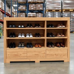 Design a rustic wooden shoe storage module for a warehouse