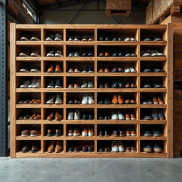 Design a rustic wooden shoe storage module for a warehouse