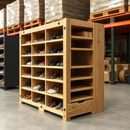 Design a rustic wooden shoe storage module for a warehouse