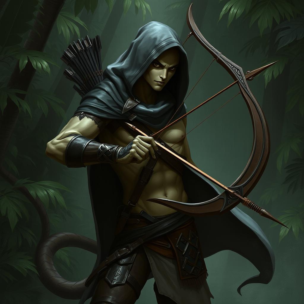 A sneaky, slender Yuan-ti snake humanoid male with a hood and leather armor, not wearing any pants