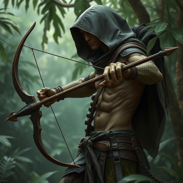 A sneaky, slender Yuan-ti snake humanoid male with a hood and leather armor, not wearing any pants