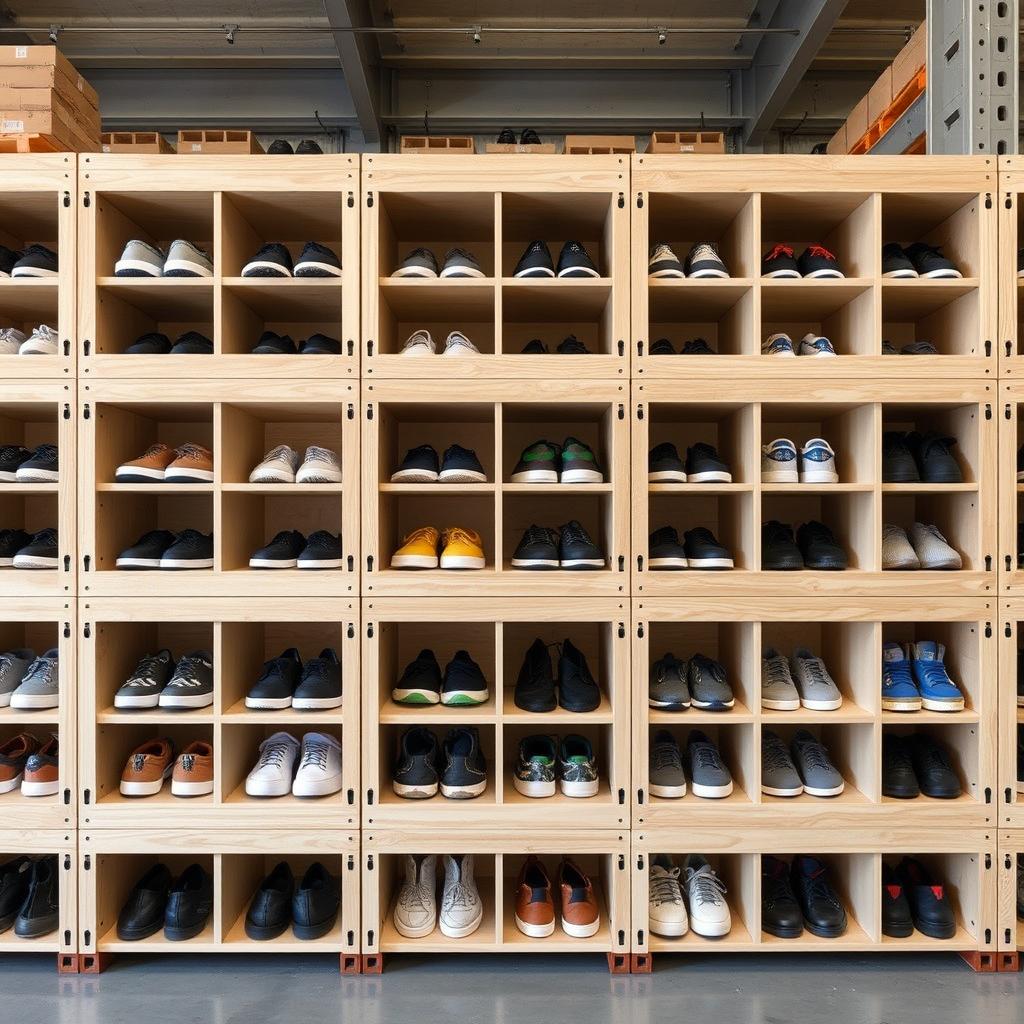 Create shoe storage modules for a warehouse, made from durable panel materials