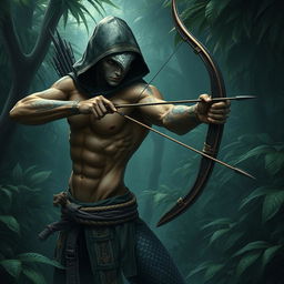 A sexy, muscular, sneaky, slender Yuan-ti snake man with a hood, not wearing any pants