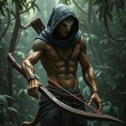 A sexy, muscular, sneaky, slender Yuan-ti snake man with a hood, not wearing any pants