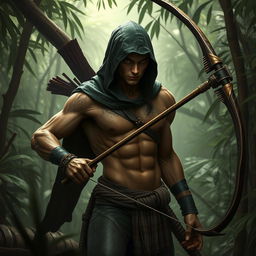 A sexy, muscular, sneaky, slender Yuan-ti snake man with a hood, not wearing any pants