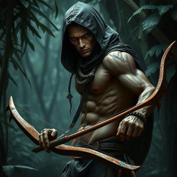 A sexy, muscular, sneaky, slender Yuan-ti snake man with a hood, not wearing any pants