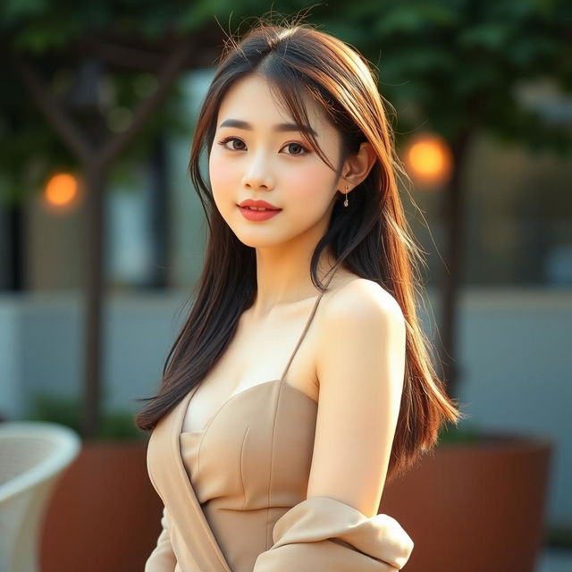 A young Korean girl with a very small waist and medium-sized breasts