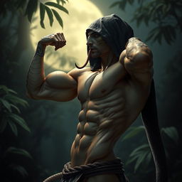 A sexy, muscular, sneaky, slender Yuan-ti snake man with a hood, not wearing any pants