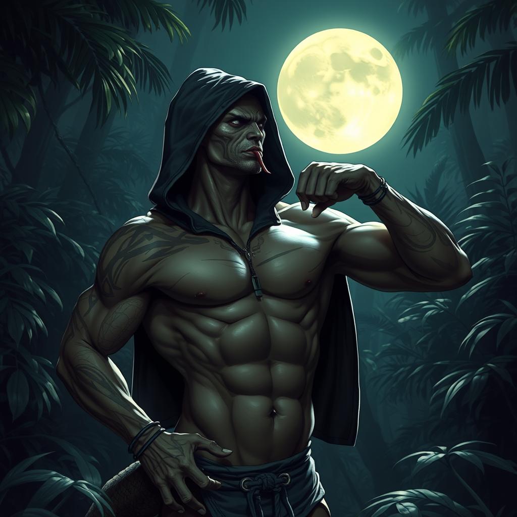 A sexy, muscular, sneaky, slender Yuan-ti snake man with a hood, not wearing any pants