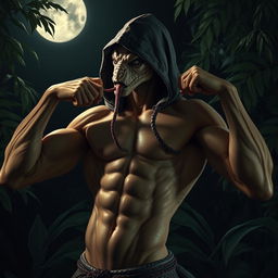 A sexy, muscular, sneaky, slender Yuan-ti snake man with a hood, not wearing any pants