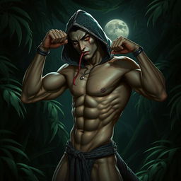 A sexy, muscular, sneaky, slender Yuan-ti snake man with a hood, not wearing any pants