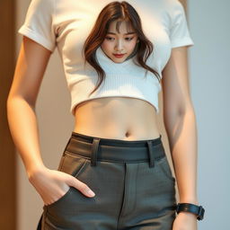 A Korean girl with a very small waist and medium-sized breasts