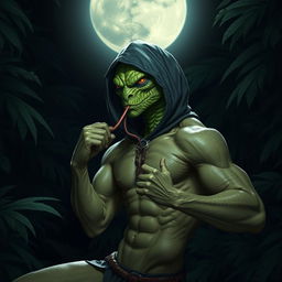 A sexy, muscular, sneaky, slender Yuan-ti snake man with a snake face and green skin, wearing a hood and not wearing any pants