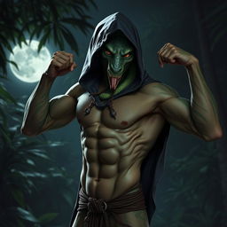 A sexy, muscular, sneaky, slender Yuan-ti snake man with a snake face and green skin, wearing a hood and not wearing any pants