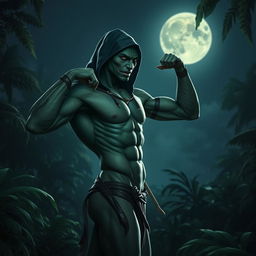 A sexy, muscular, sneaky, slender Yuan-ti snake man with a snake face and green skin, wearing a hood and not wearing any pants