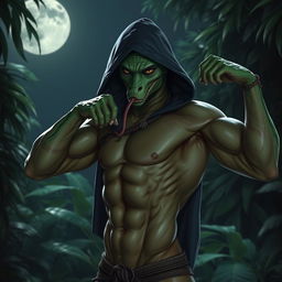 A sexy, muscular, sneaky, slender Yuan-ti snake man with a snake face and green skin, wearing a hood and not wearing any pants