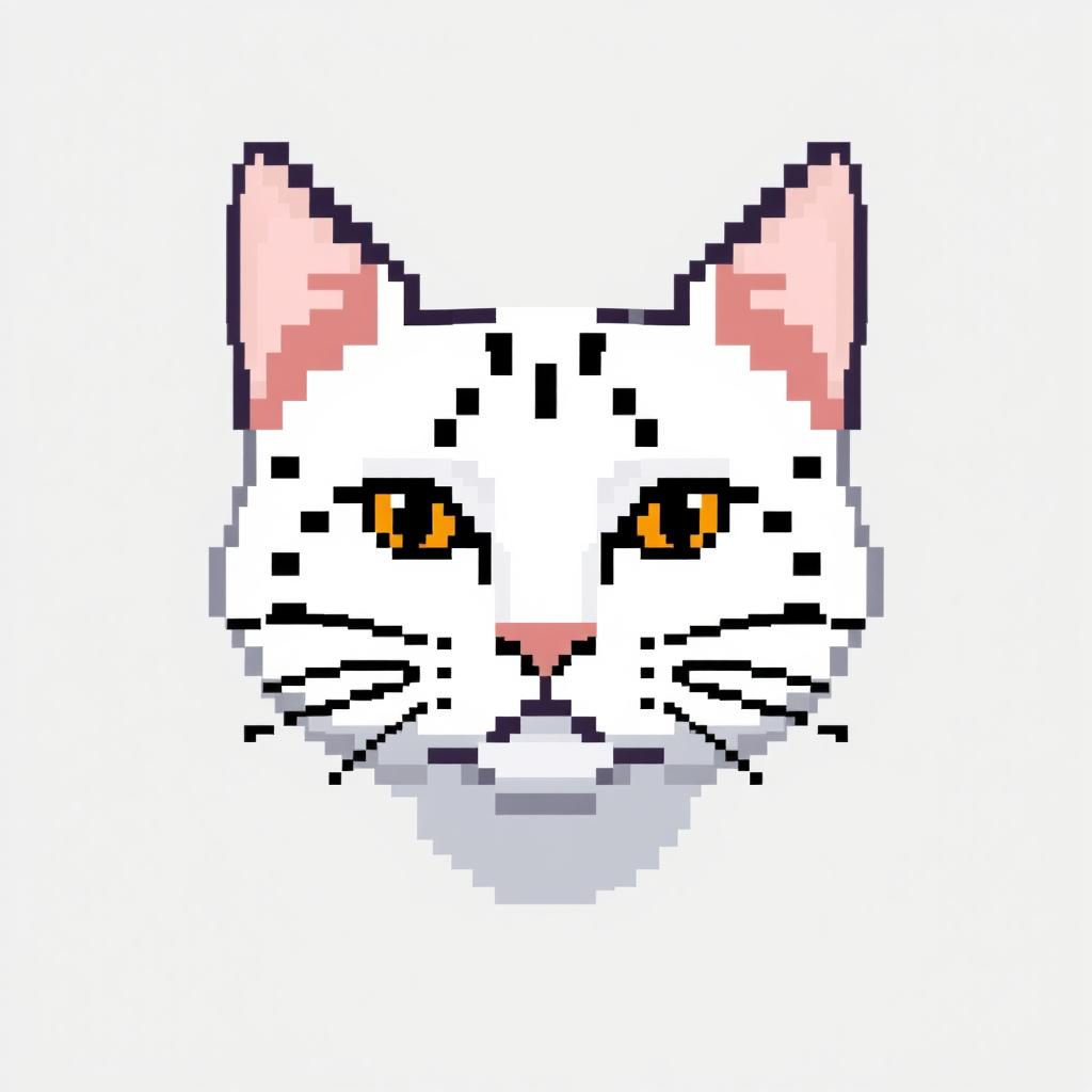 A pixelated image of a white cat with black spots