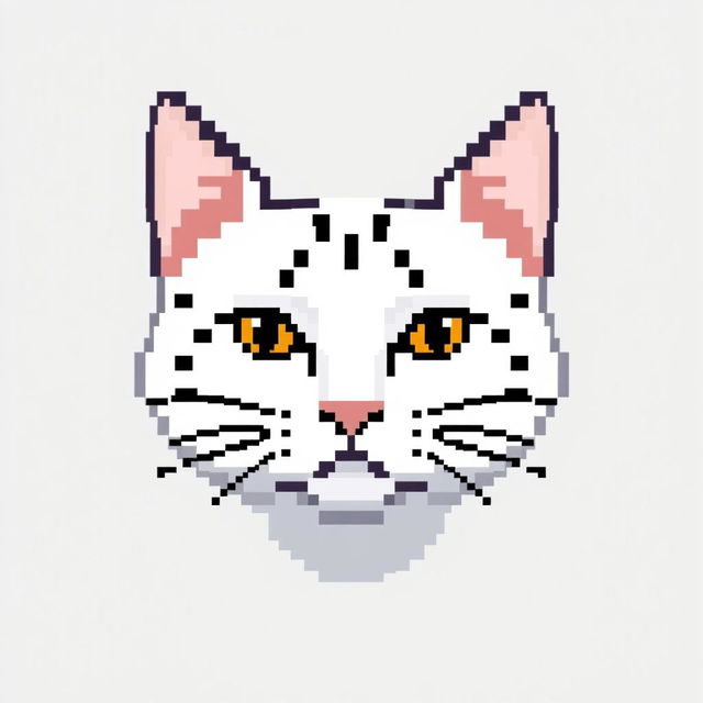 A pixelated image of a white cat with black spots