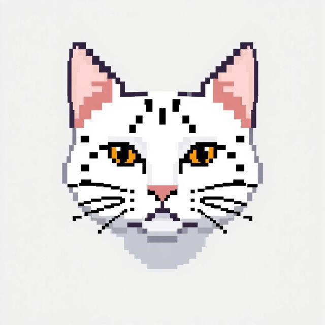 A pixelated image of a white cat with black spots