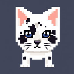 A pixelated image of a white cat with black spots